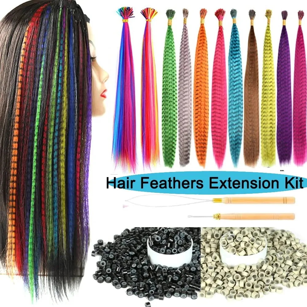 50 Pcs Hair Feathers with Hair Extension Tools Long Straight Synthetic Hair Feather Extensions Kit with Beads for Women Girls