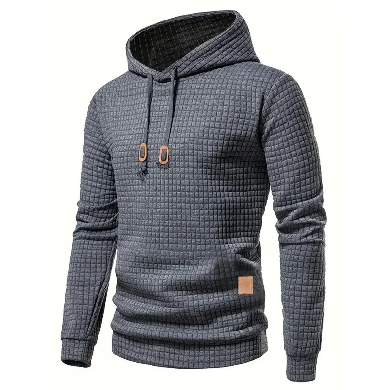 Men's Autumn Winter Jacquard Plaid Hoodie Long Sleeve Casual Pullover Fitness Running Sports Hooded Jacket Activewear Sweatshirt