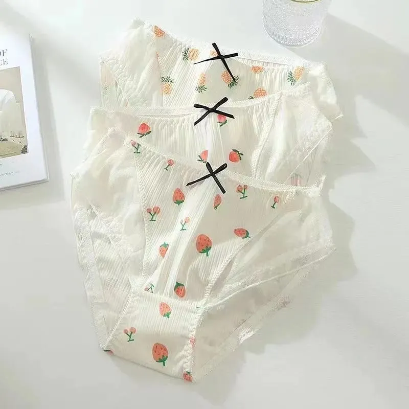 Quần lót mới sinh viên đồ lót nữ dễ thương in hình trái cây lưng có miếng đệm Bộ áo ngực không có vòng thép áo ngực quần
