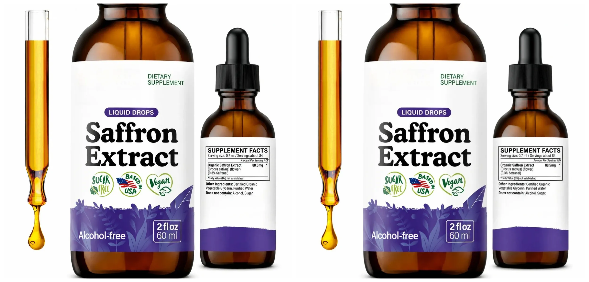 Organic Saffron Liquid Extract Drops Plant Based Herbal Supplement Vegan Sugar Alcohol Free 60ml Daily Health Supplements