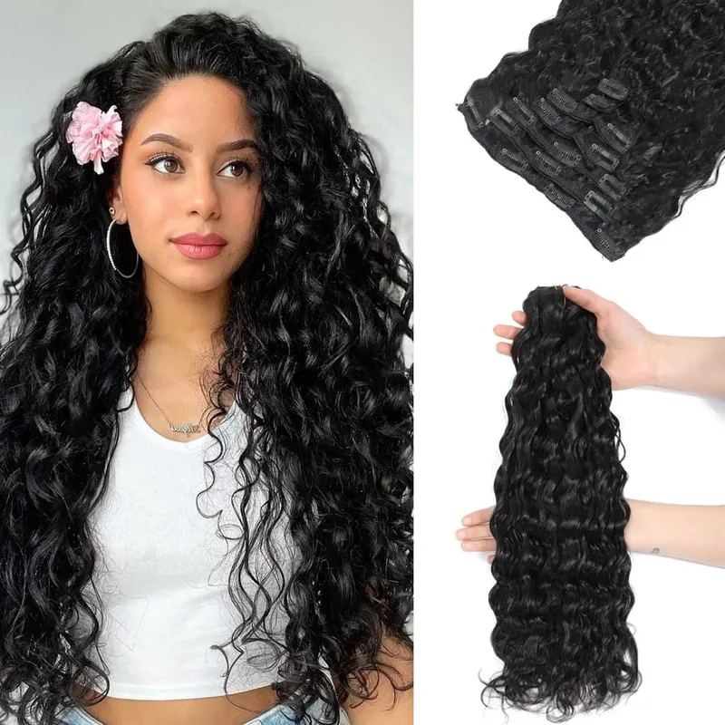 12A Curly Clip in Hair Extensions Brown Water Wave Real Remy Human Hair Clip in Extensions for Women Curly Clip Ins 7pcs 120g