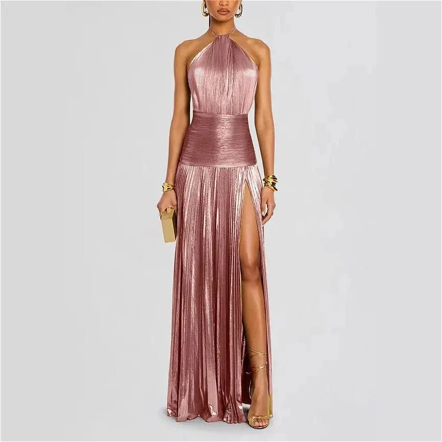Elegant Sexy Off Shoulder Halter Pleated Slit Maxi Dress Luxury Corset Gold Evening Cocktail Dresses For Women Party Prom Gown