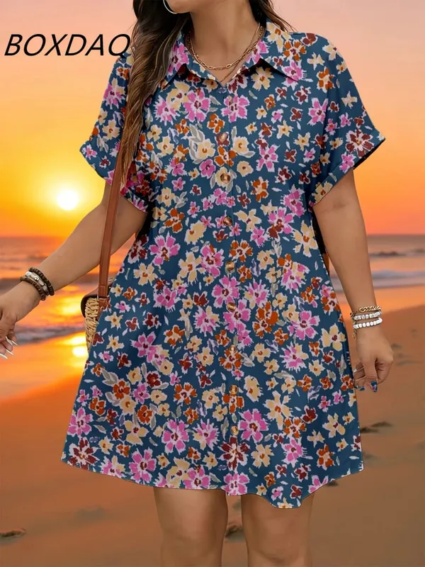 Short Sleeve Flower Pattern Fashion Women Mini Dresses Summer 3D Printed Street Elegant Casual Ladies Shirt Dress Plus Size 3XL