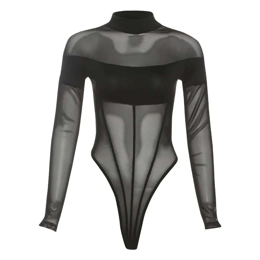 Weird Puss Coquette See Through Bodysuit Women Sexy Wild Mesh Hipster Patchwork Full Sleeve Midnight Stretch Street Clubwear