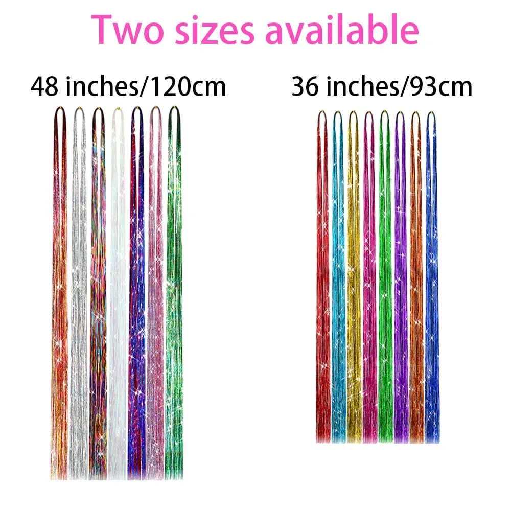 Rainbow Colored Sparkle Synthetic Hair Tinsel 36/48 Inch Girls Headwear Laser False Hair Extensions Glitter Decor Strands