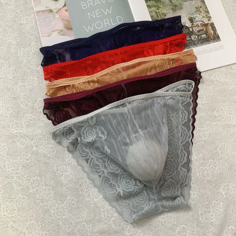 Men Seamless Lace Extreme Men's Panties Mesh Sheer Very Hot Lingerie Gay Sissy Bulge Pouch Bikini Briefs Underwear Underpants