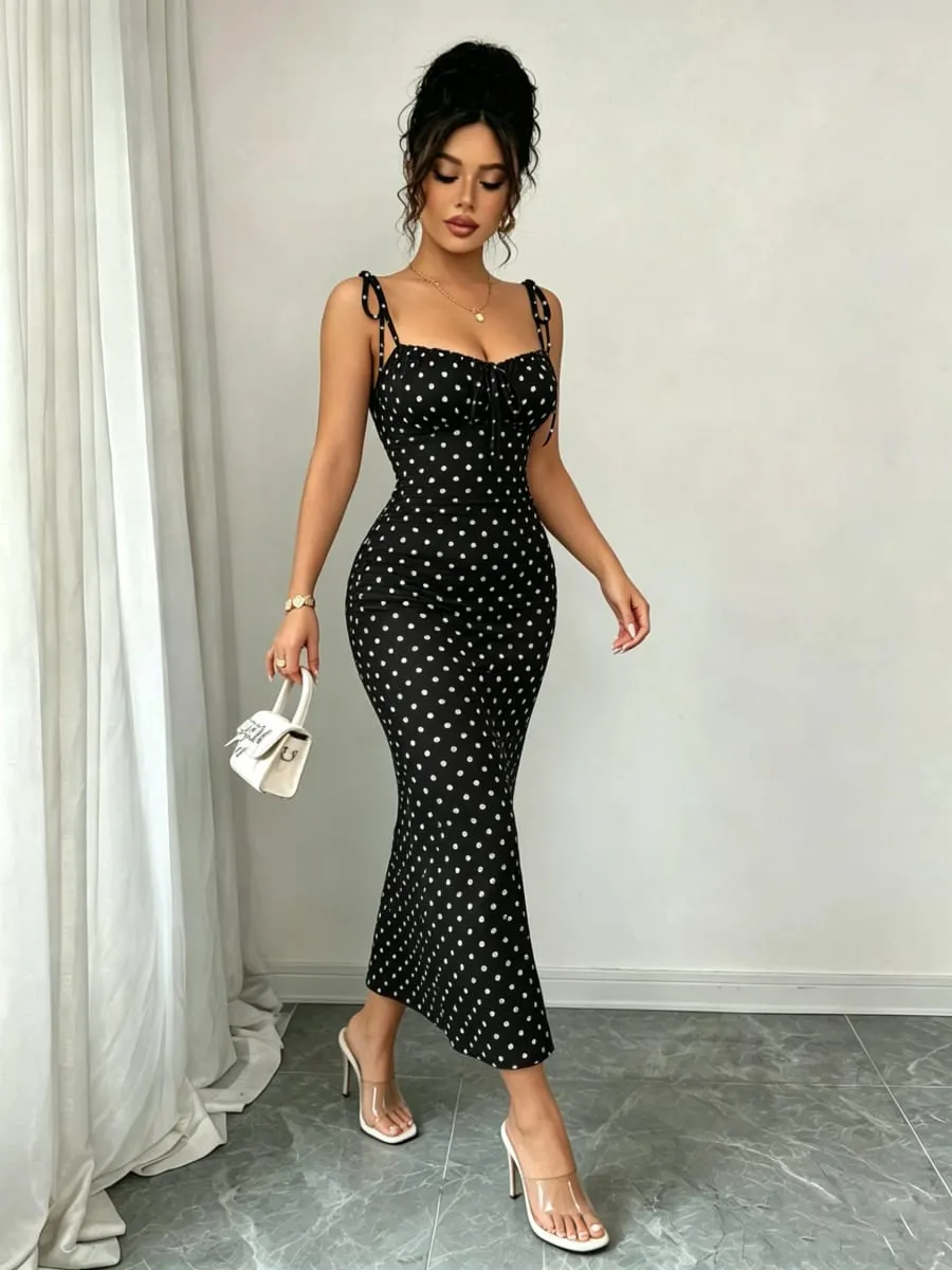 Itim at Puting Polka Dot Bow Mid-Length na Damit Pleated Tight-Fitting Fishtail Dress Vintage Slim-Fit Fishtail Party Long Dress