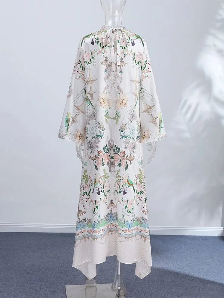 Elegant Printed Belted Maxi Dresses Women Slim Puff Sleeve Lace-up Stand Collar Dress 2026 New Ladies Summer Party Evening Grown