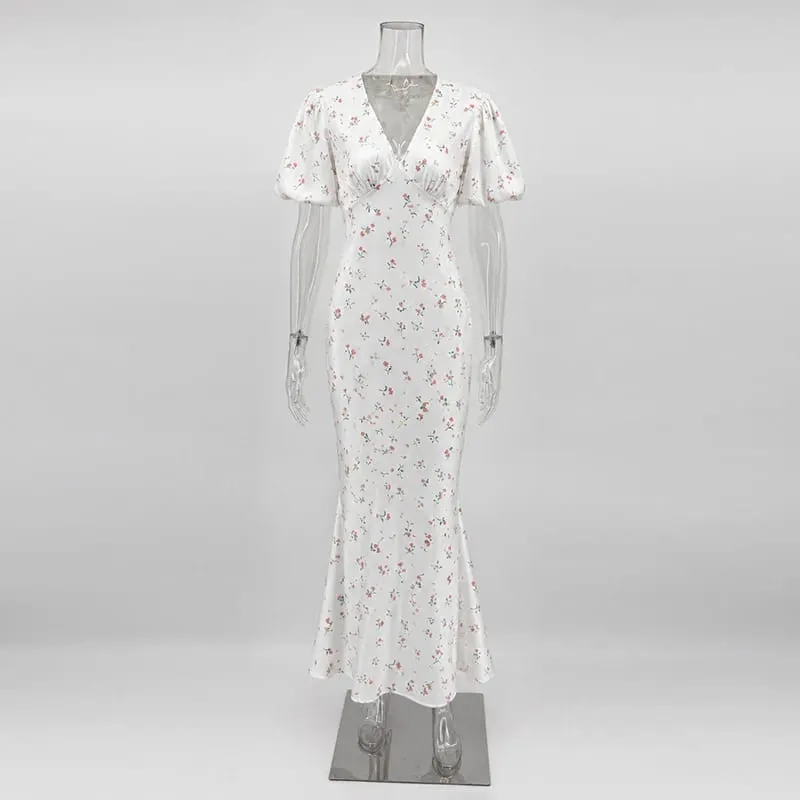 Stylish Printed Maxi Dress Women Elegant Slim V-Neck Short-Sleeve Evening Dress Summer New Casual Commuter Female Dress