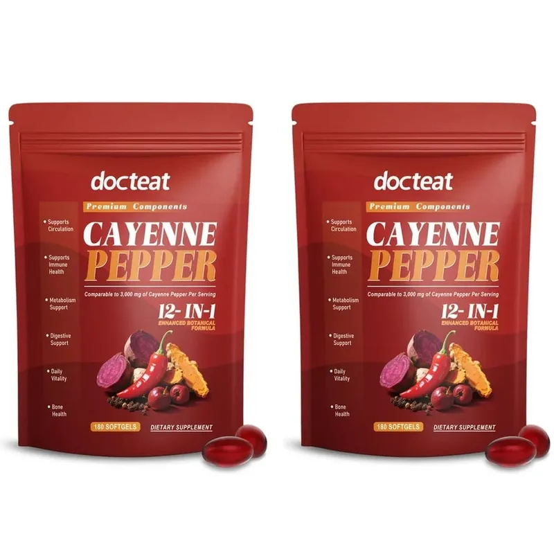 Docteat Cayenne Pepper Softgels with Vitamin D3 and K2 Energy Metabolism and Digestive Support Antioxidant Defense 180 Softgels