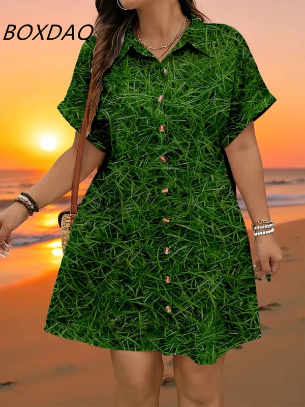 Short Sleeve Flower Pattern Fashion Women Mini Dresses Summer 3D Printed Street Elegant Casual Ladies Shirt Dress Plus Size 3XL