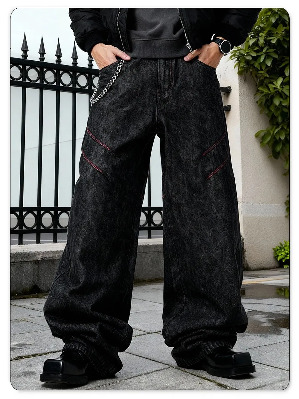 Four Seasons American Retro Men's Black Baggy Wide Leg Jeans Basic Business Casual Loose Denim Pants Unisex Street Jeans