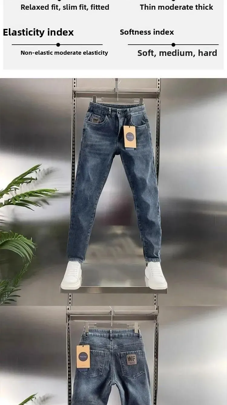 New Men's Jeans Slim-fitting Small Feet High-end Blue-gray Washed Casual Blue Long Slim Fit Work Stretch Cowboy Man Pants