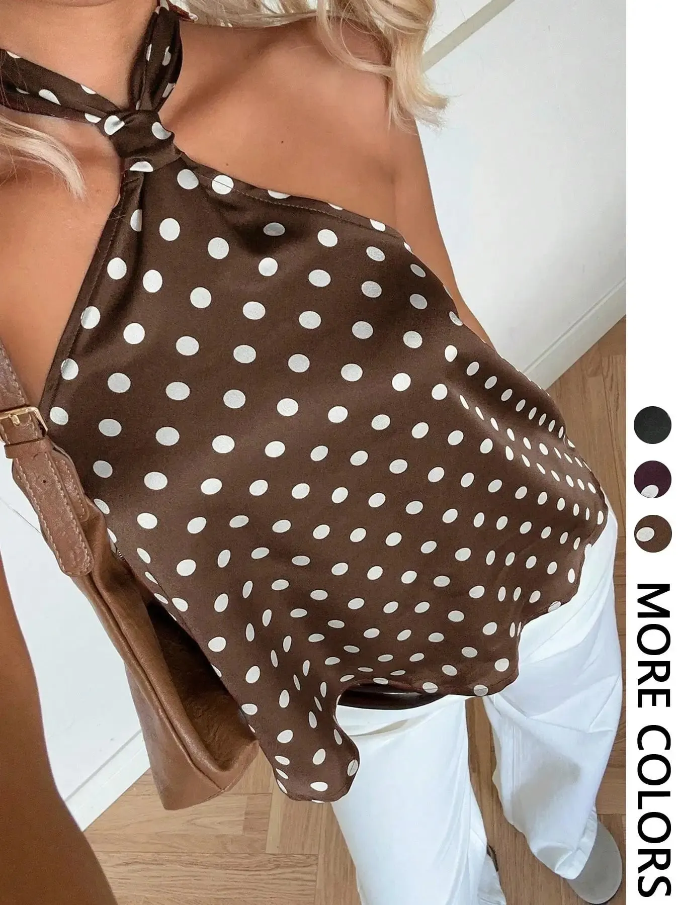 Women's Fashion Polka Dot Print Halter Necktie Top One Piece Round Dot Patterned Halter Style Vest-Style Upper Apparel