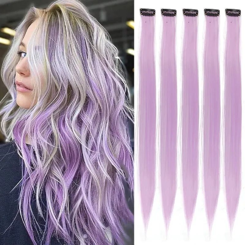 5 Pieces of Colorful Hair Clips 24 Inch Long Straight Fake Hair Clips Combined for Christmas Fashion Wig Pieces