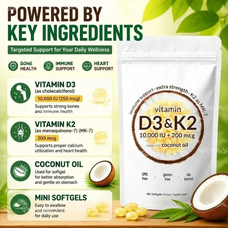 Vitamin D3 K2 Softgels with MK-7 and Coconut Oil 10 000 IU + 200 Mcg Adult Bone and Immune Wellness Support 180 Mini Softgels