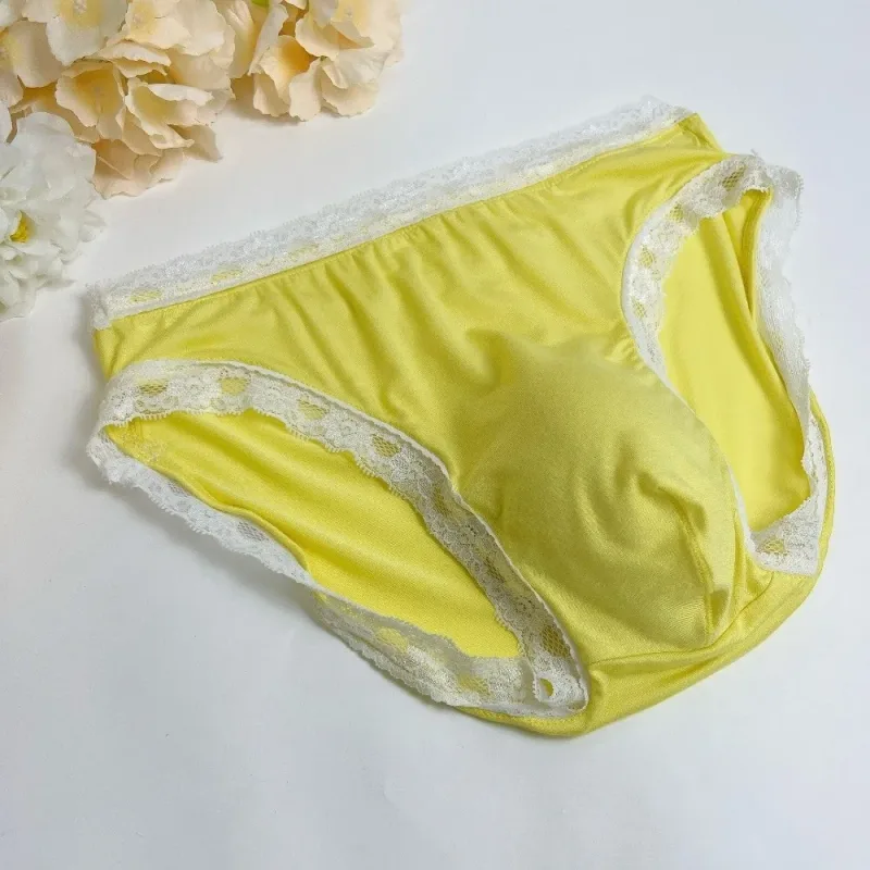 Breathable Ice Silk Men's Underwear Lingerie Low Waist Men's Lace Trim Briefs Panties U-Convex Pouch Brief Youth