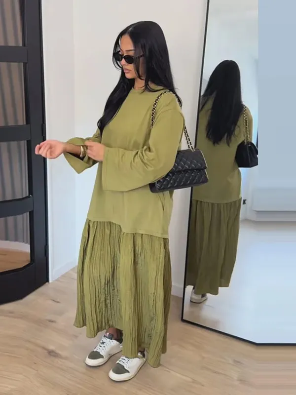 Short Sleeve Patchwork Oversized Long Dress Women Elegant O-neck Pleated Loose Party Evening Dresses Summer Casual Lady Vestidos