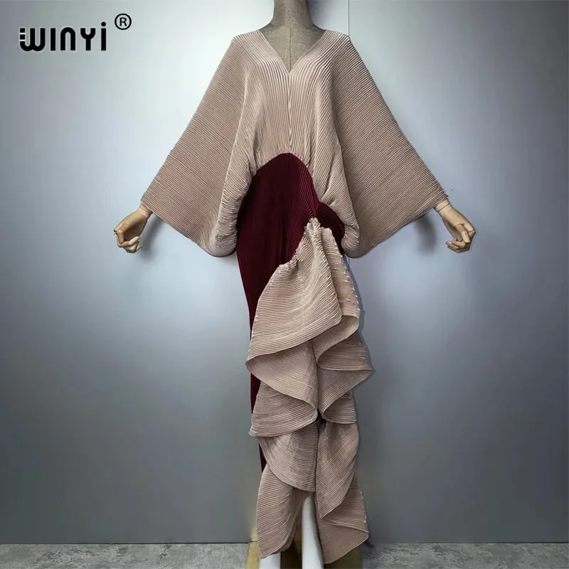 New Pleated Slim High-Fork Dress for Women Fashion Beach Cover-Up Muslim Kaftan Abaya Dubai Luxury Long Evening Gown