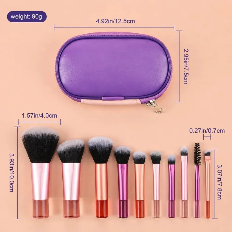10Pcs Portable Makeup Brush Set with Zipper Bag Soft Synthetic Hair Face Eye Lip Makeup Brushes Travel Beauty Kit