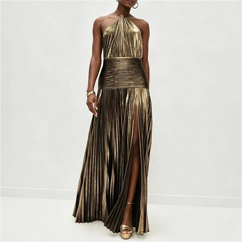 Elegant Sexy Off Shoulder Halter Pleated Slit Maxi Dress Luxury Corset Gold Evening Cocktail Dresses For Women Party Prom Gown