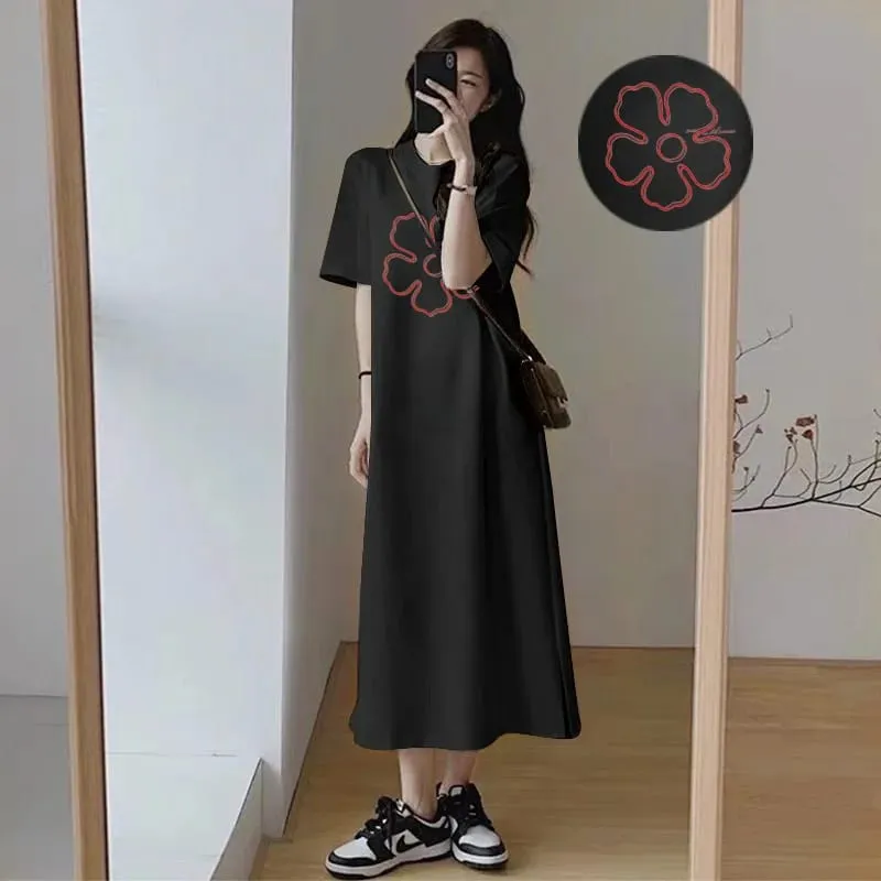 Women Summer T‑Shirt Dress Casual Loose O‑Neck Short Sleeve Flower Print Maxi Dress Side Split Long Dresses Daily Outfit