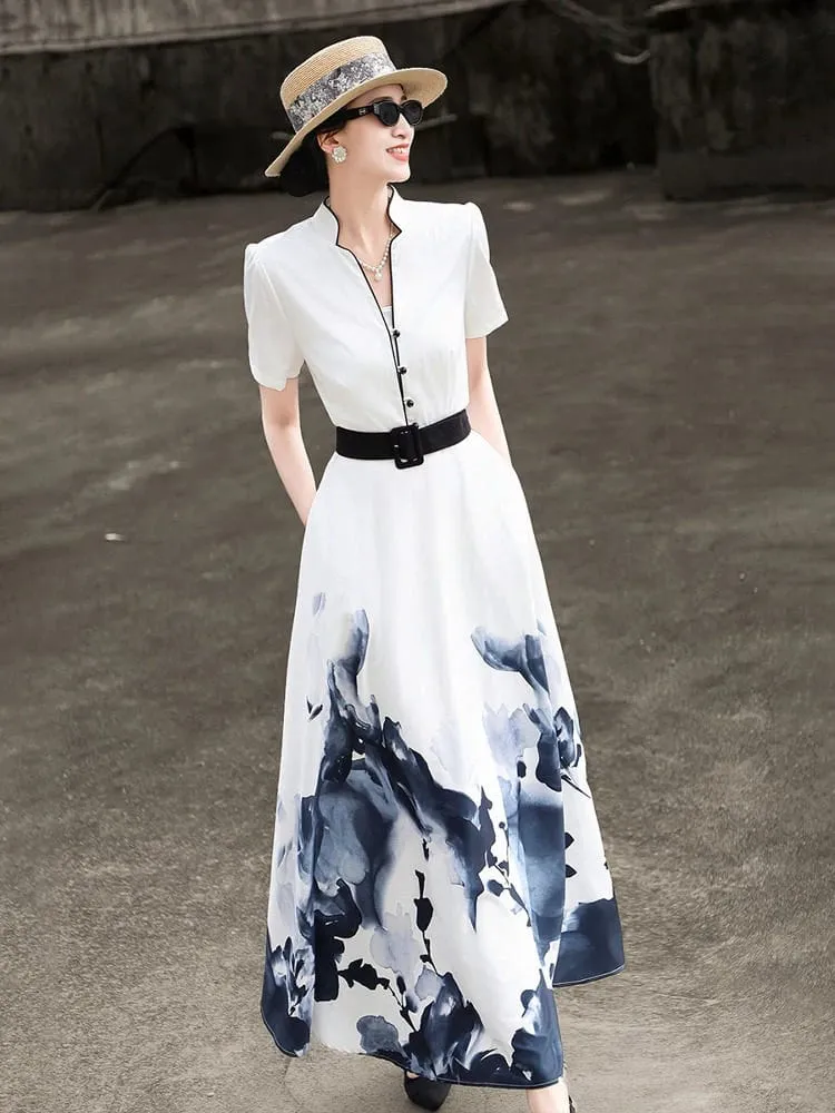 2026 Summer New Chinese Style Ink Painting Print Waist Cinched Swing Dress