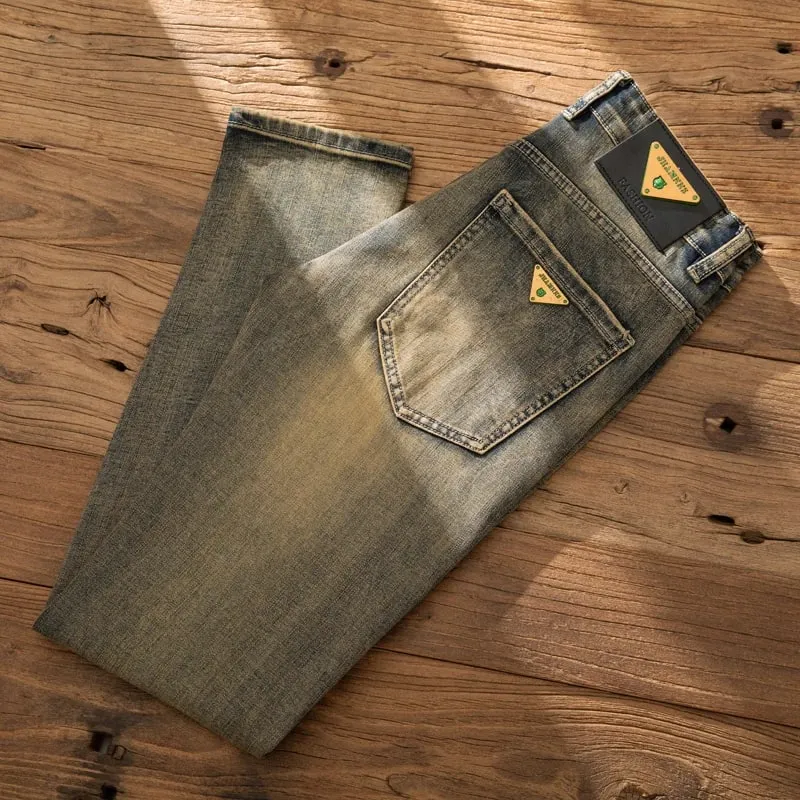 European Trendy Brand Yellow Mud Jeans Men's Retro Old Slim Fit Fashion Long Pants Autumn and Winter Thick Pants