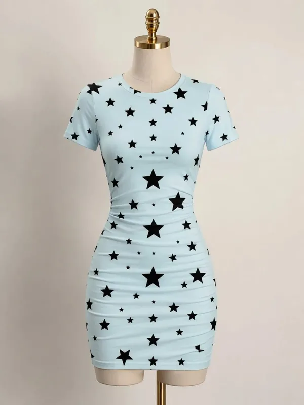 Pakaian Mini Bodycon Lengan Pendek Wanita Slim Fit Leher Krew Cetak Bunga Kasual Pesta Musim Panas Comel Regangan Bergaya Sundress