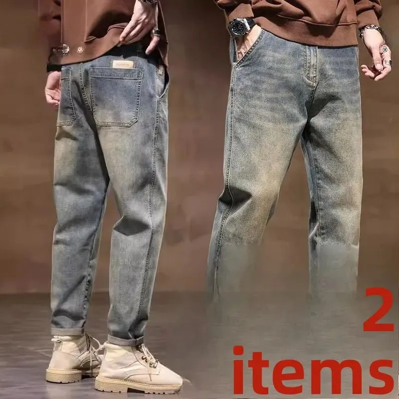 Spring Summer New Retro Men's Jeans Straight Leg Elastic Casual Versatile Classic Mid-Rise Long Pants Comfortable Fit
