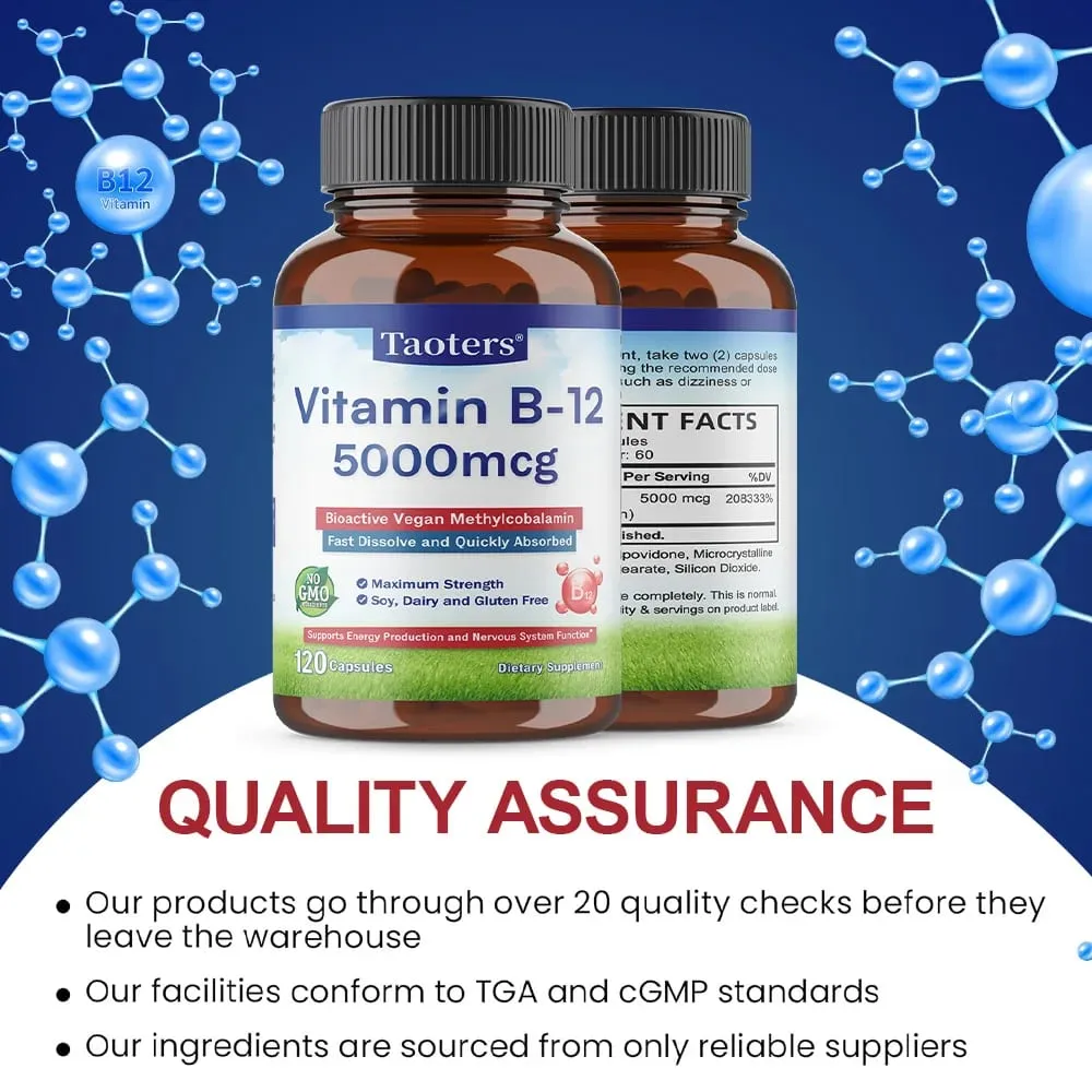 Vitamin B12 Capsules 5000 Mcg Bioactive Vegan Methylcobalamin Supports Energy Production and Nervous System Function