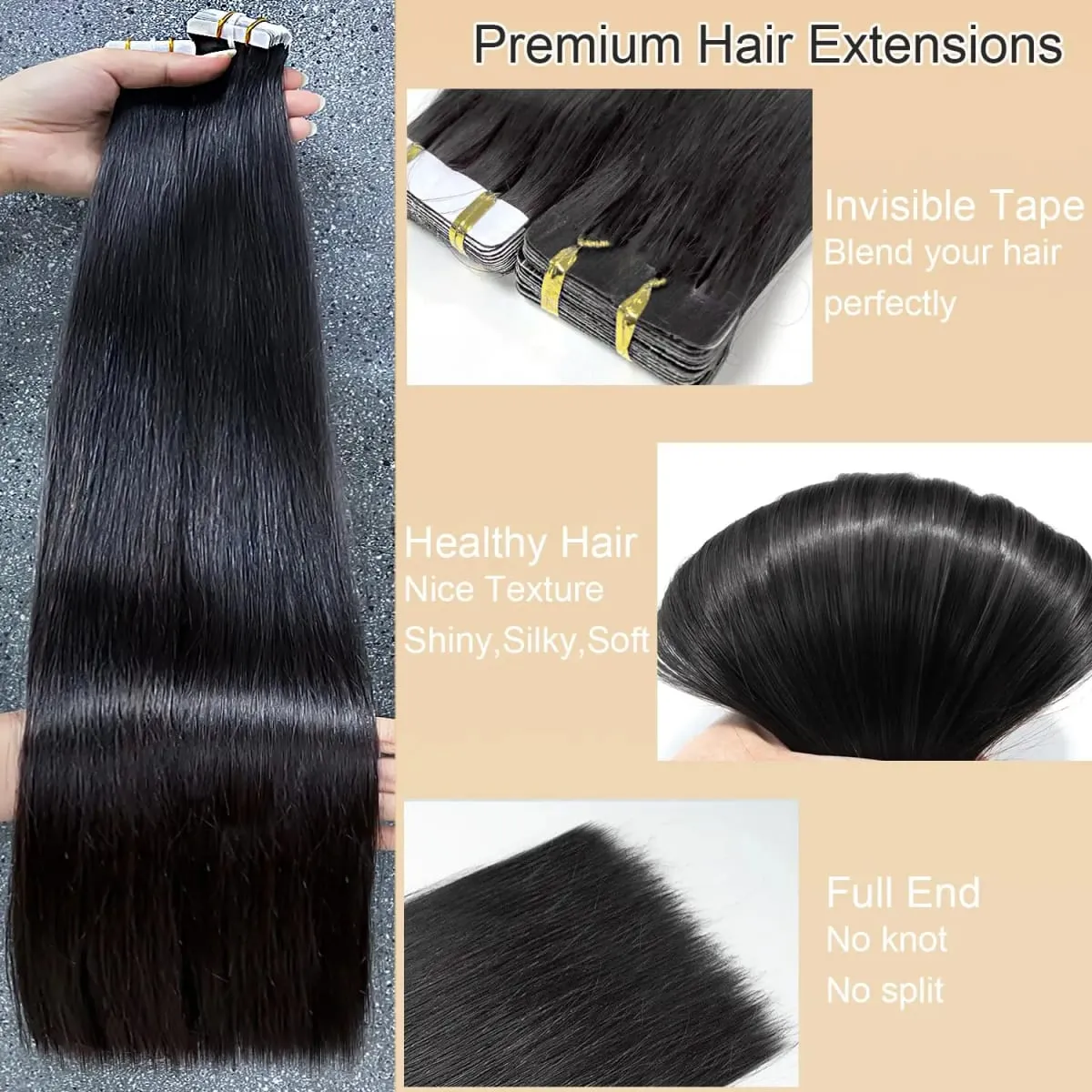 Straight Tape Ins Hair Extensions 50g Natural Black 100% Human Hair Tape In Invisible Glue Seamless Full Head Adhesive 26 Inches