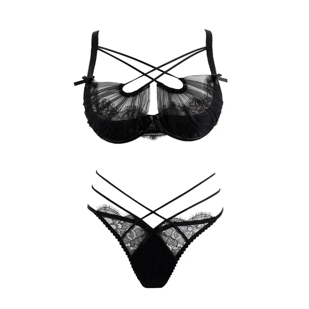 Hot Sale Summer Lace Embroidery Cross Tie Lingerie Set Sheer Mesh Push Up Bra Comfort Daily Wear Underwear Set for Women 32-38