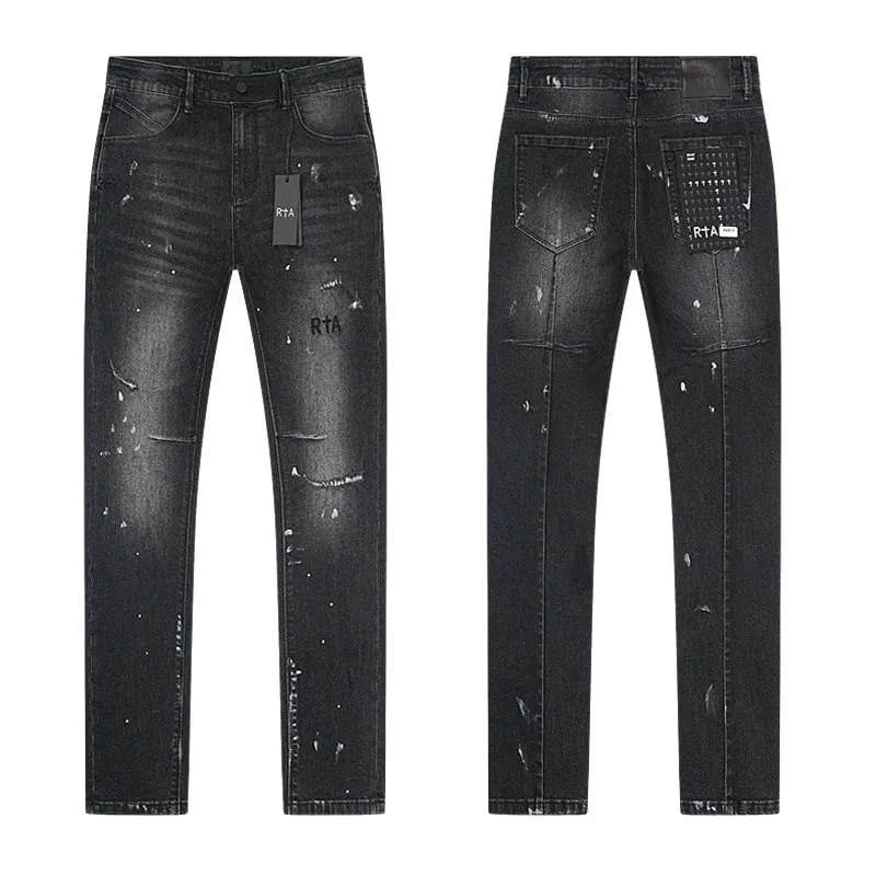 New RTA Destroyed Scratch Hole Light Blue Distressed Jeans Men's High Street Elastic Slim Fit Jeans 2026 Brand Pants Streetwear