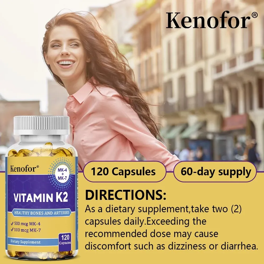 Vitamin K2 Capsules - MK-4 & MK-7 Support Calcium Metabolism Bone Teeth Joint & Cardiovascular Wellness Daily Immune Balance