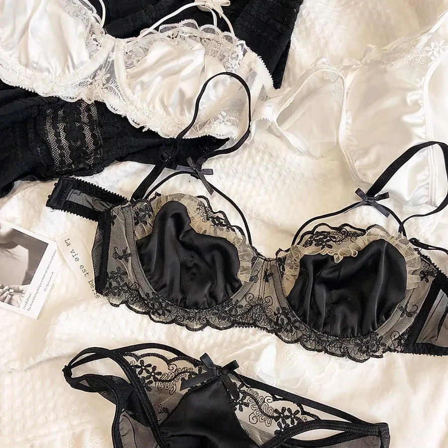 KUCLUTBlack Floral Embroidery Ultrathin Bra Set Women Sexy Push Up Hollow Out Underwear Translucent Silks Satins Lingerie Suits