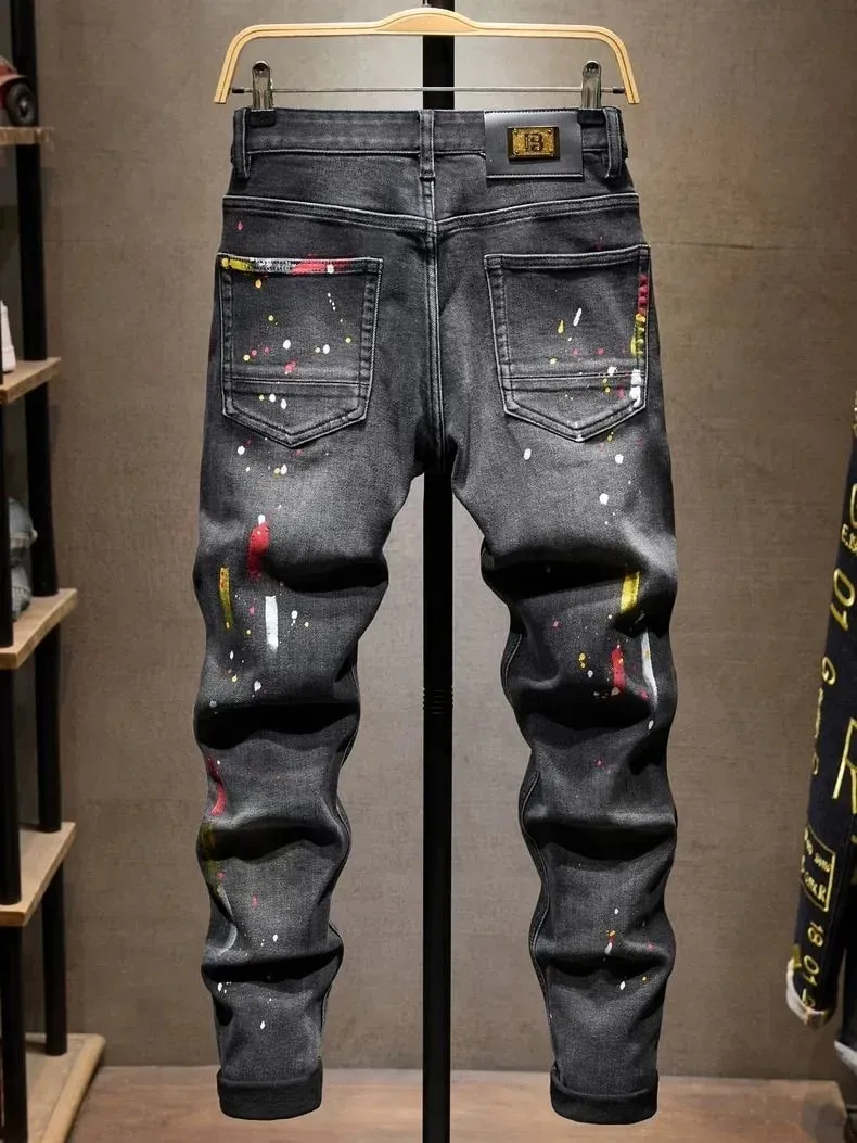 Autumn and Spring New Fashion Trend Printed Straight Leg Ripped Jeans Men's Casual Slim Fit Sports High Quality Denim Pants