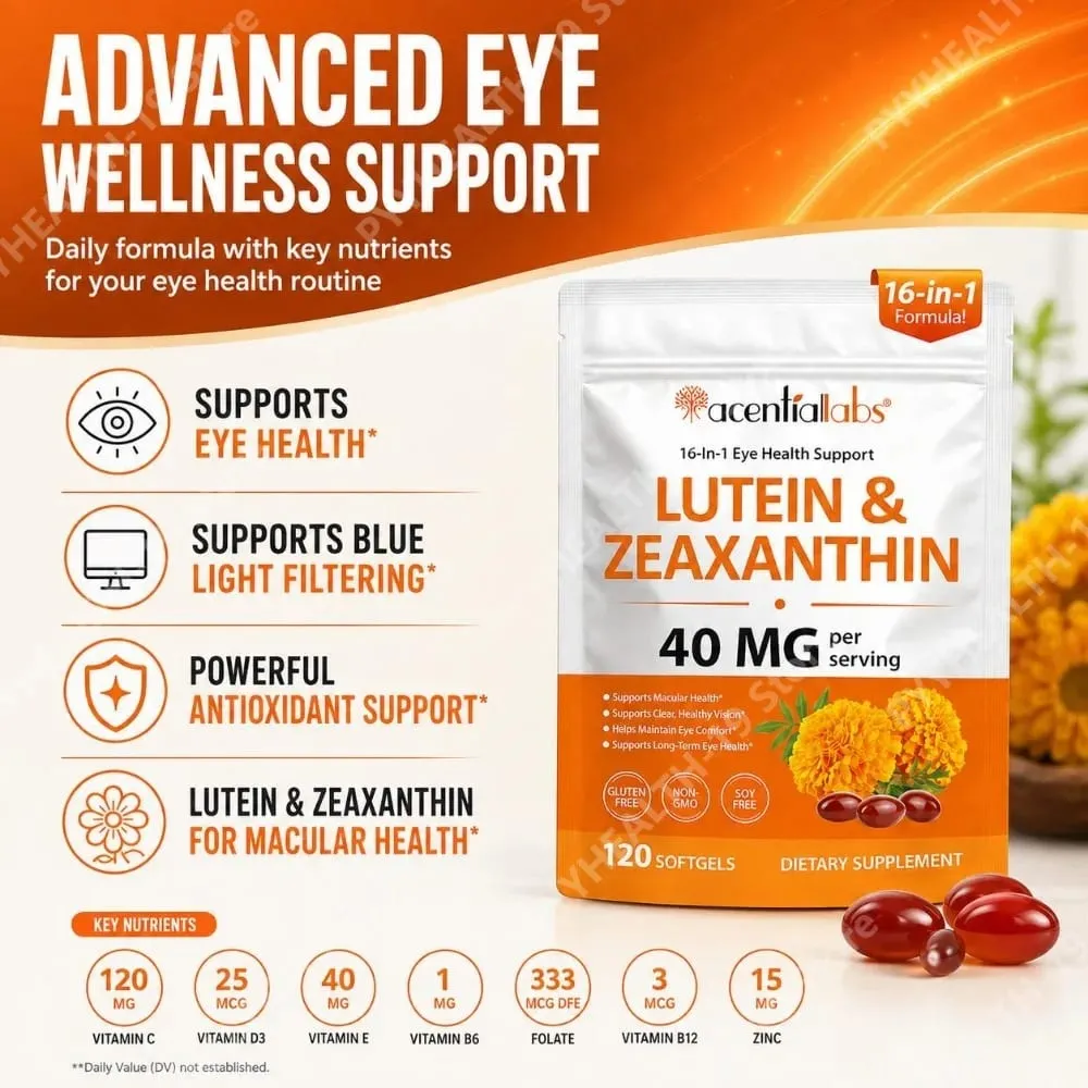 Acentiallabs Lutein Zeaxanthin Softgels 40mg Omega-3 EPA DHA Vitamins For Eye Health & Blue Light Support Adult 120 Count
