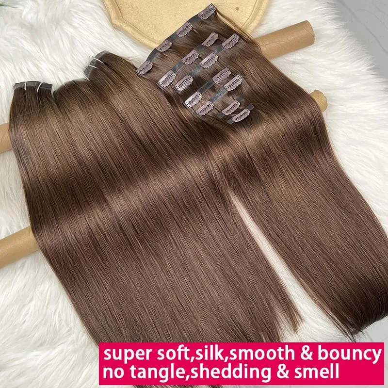 #2 Color Invisible Seamless Clip in Hair Extensions Straight PU Weft Clips In Double Weft 100% Raw Virgin Human Hair 7PCS/100g