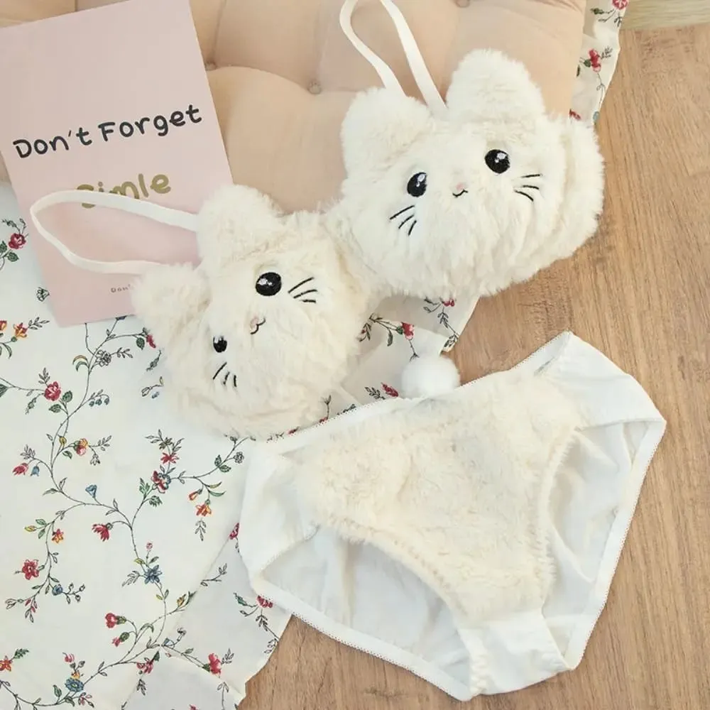 Cute Women Lingerie Set Wire-Free Cartoon Cat Winter Bra & Brief Sets Soft Girl Warm Underwear Panties Suit Winter