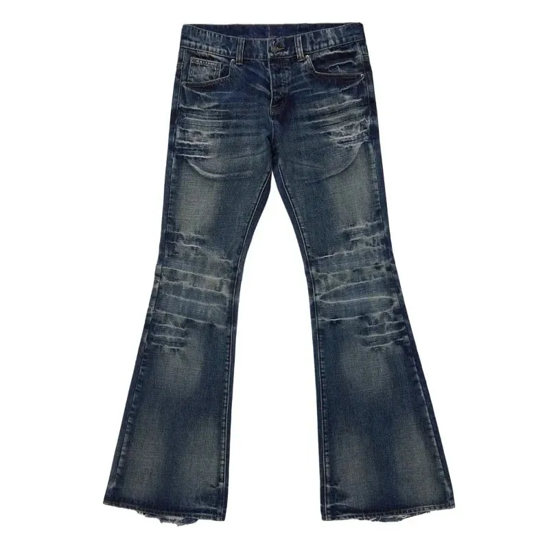 Mens Jeans Harajuku Y2K Streetwear Mid Blue Flared Denim Pants Vintage Washed Bootcut Wide Leg Loose Fit Gothic High Street New