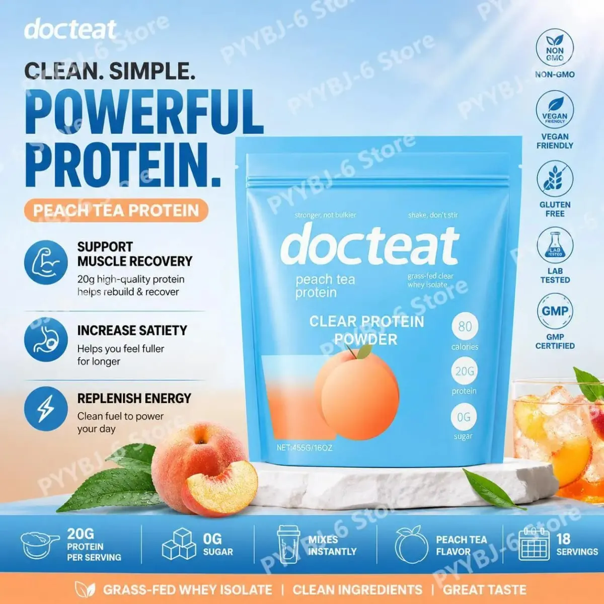 Docteat Peach Tea Clear Protein Powder 455g Whey Isolate & Stevia 20g Protein Low Fat 0g Sugar Fitness Workout Recovery Support
