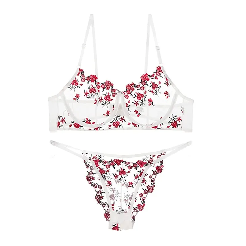 New Women Sexy Mesh Bras Suit Sweet Female French Floral Embroidery Underwear Sets Transparent Mesh Bra Panties 2Piece Lingerie