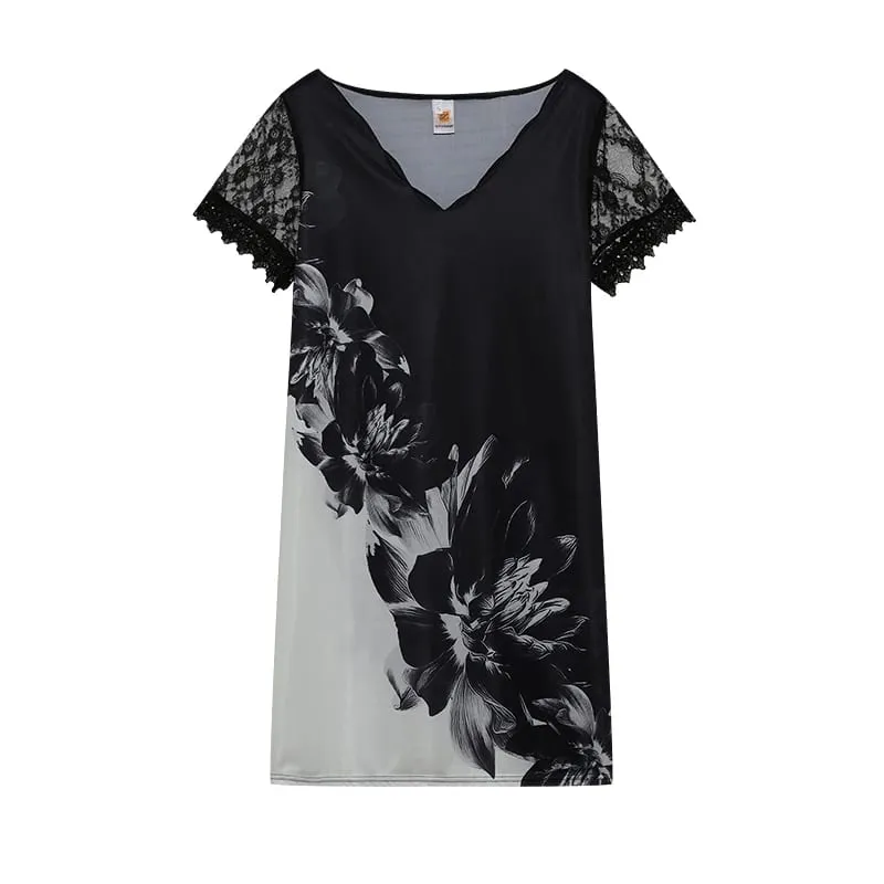 2026 New Women's New Positioning Printing Wave V-neck Lace Short-sleeved Dress