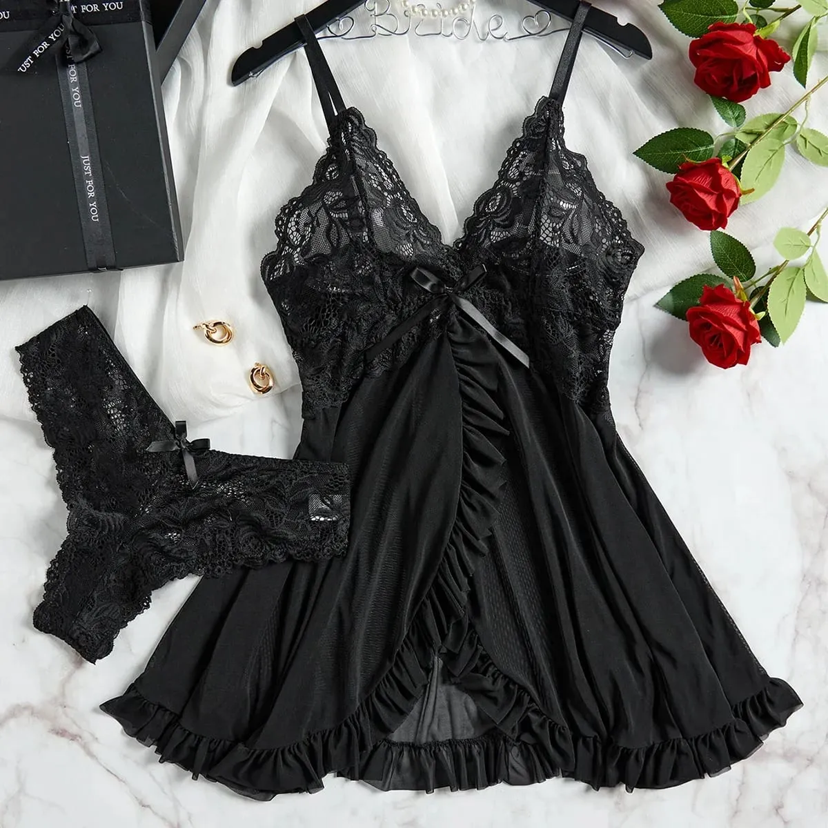 Women Sexy Lingerie Set Lace Bra Nightdress Solid Color Slim Fit Soft Sleepwear Erotic Underwear Dress