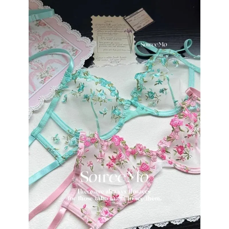 Kawaii Japanese Lingerie Set Sheer Tulle Pink Floral Embroidery Bra Bralette sek-si Pure Matching Set BANERDANNI Tushy Bras