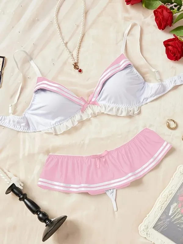 Sailor Schoolgirl Cosplay Lingerie Set Navy Uniform Ruffle Lace Bow Trim Roleplay Outfit