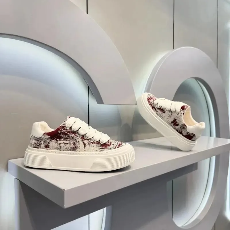 Fashion Men Casual Shoes Spring Summer Chunky Sneakers Woven Fabric Graphic Print Thick Sole Streetwear Daily Footwear