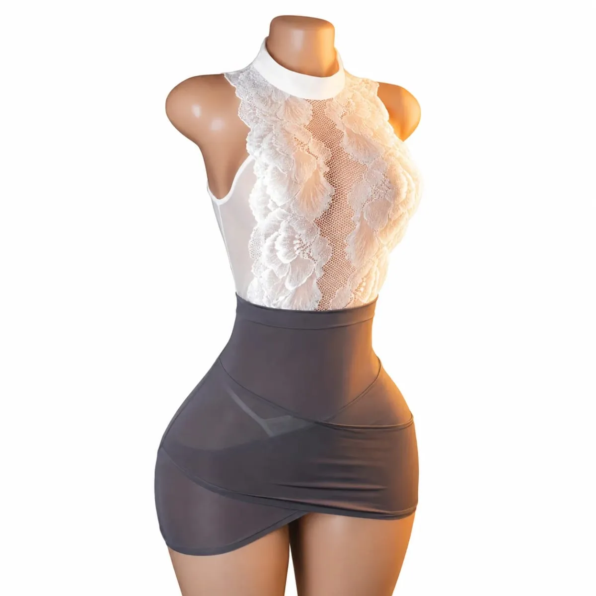 Women Lace Lingerie Dress Set Halter Neck Floral Mesh Bodycon Mini Dress with Panties Elegant Secretary Role Play Costume