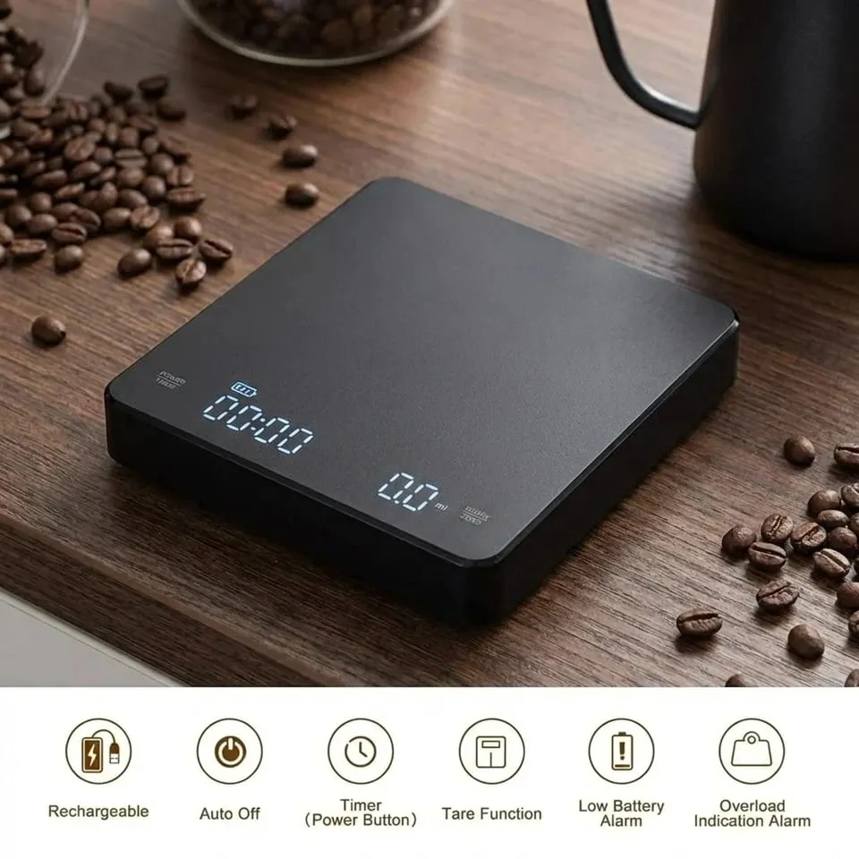 USB Rechargeable Digital Espresso Scale with Timer LED Screen 3kg 0.1g Precision Kitchen Scale Support g oz ml Unit Conversion